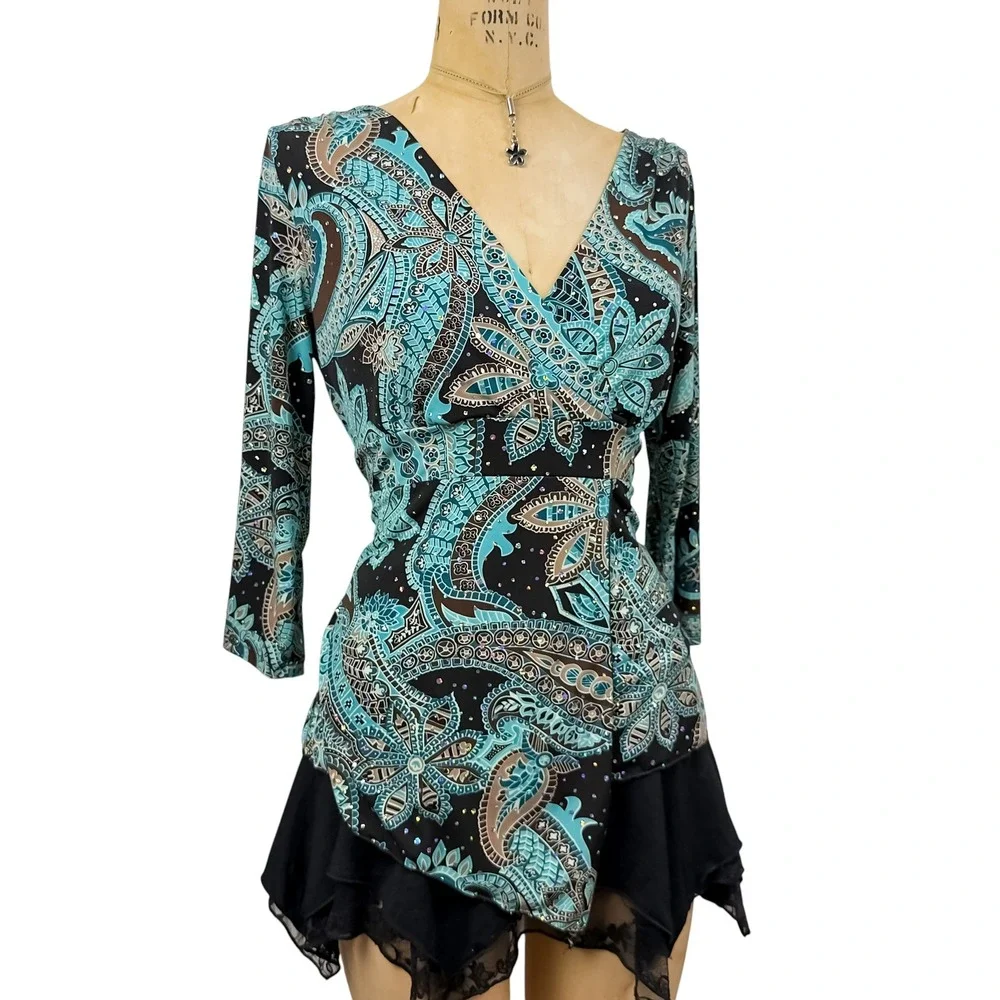 90s Retro Sequin Teal Paisley Wrap Top Asymmetrical Hem 80s Glamoratti Size M - Picture 3 of 8